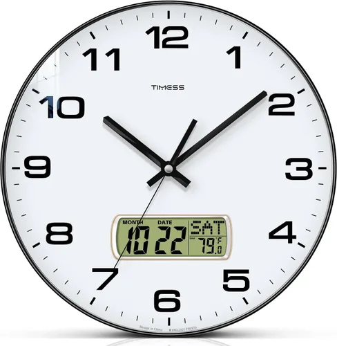 Miniatura 11 de Reloj de pared TIMESS, esfera de 10" sin tictac, silencioso, funciona con pilas, analógico con pantalla LCD para calendario perpetuo y temperatura