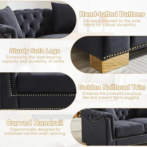 Miniatura 5 de Sofá de dos plazas Chesterfield de terciopelo negro de 62 pulgadas, 4 cojines clásico de 6.5 pulgadas, brazo enrollado, sofá moderno adecuado