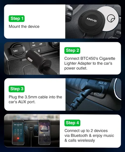 Miniatura 8 de Kinivo BTC450 juego de entrada auxiliar Bluetooth, manos libres, para autos (3,5 mm) - Admite AptX