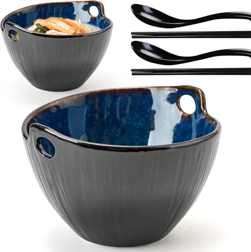 Miniatura 15 de Donburi - Juego de 2 cuencos de cerámica para fideos con palillos y cucharas, juego de 2 cuencos Donburi aptos para lavavajillas para pasta