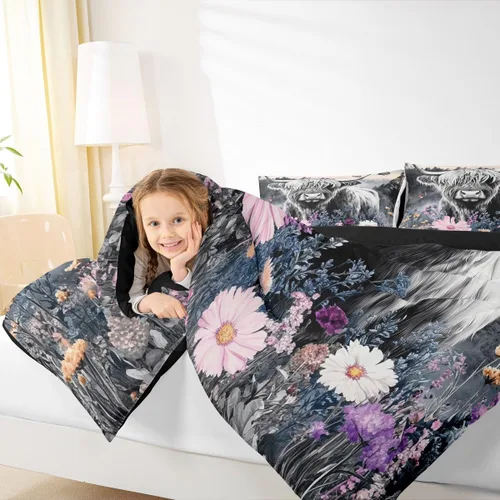 Miniatura 6 de Erosebridal - Juego de funda de edredón con flores de vaca de las Highlands, tamaño Queen, diseño de ganado vacuno, montañas con humo, decoración