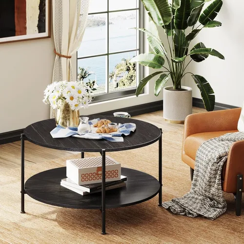 Miniatura 4 de WLIVE Mesa auxiliar redonda para sala de estar, mesa de centro pequeña de 32.6 pulgadas con estante de almacenamiento abierto, mesa central de Negro