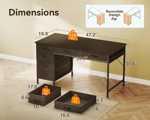 Miniatura 3 de ODK - Escritorio para computadora con 6 cajones, escritorio de oficina de 48 pulgadas con almacenamiento, escritorio reversible con gancho para Negro
