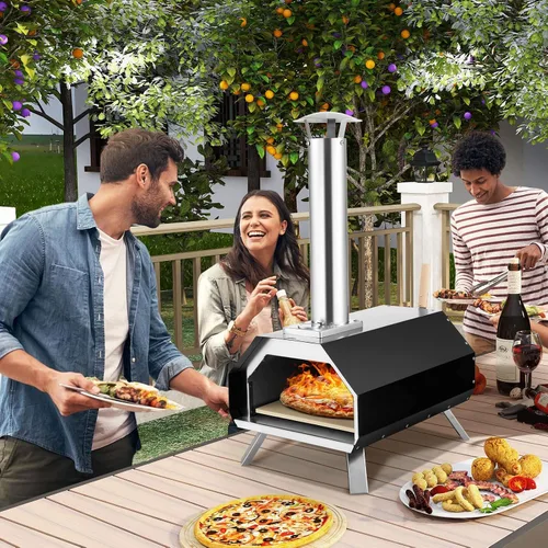 Miniatura 2 de Giantex Horno de pizza al aire libre, parrilla de pellets de madera con piedra de 12 pulgadas, pelar, patas plegables, fabricante portátil de acero