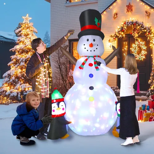 Miniatura 4 de Dawdix Muñeco de nieve inflable de Navidad de 8 pies, muñeco de nieve de Navidad para inflar con pingüinos, luces LED coloridas giratorias