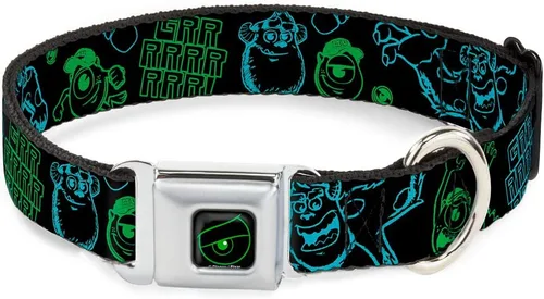 Buckle-Down Monsters Inc. Sully & Mike Poses/GRRRRR! - Collar de perro con hebilla para cinturón de seguridad, negro, turquesa, verde, 1 pulgada de