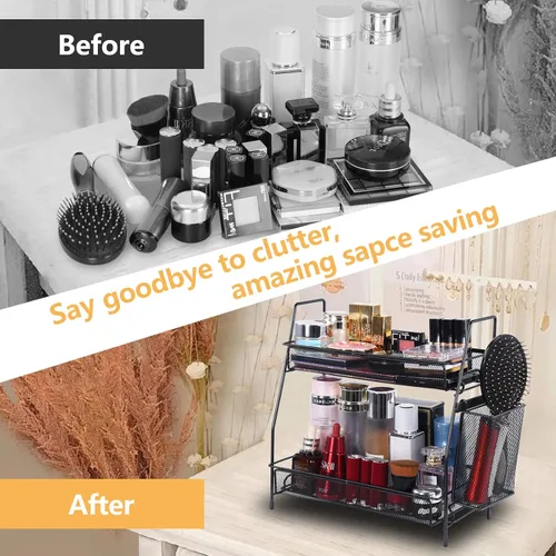 Miniatura 7 de Organizador de baño con canasta, bandeja de baño de 2 niveles para estante de almacenamiento de encimera, organizador de encimera de baño, Negro