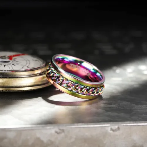 Miniatura 118 de King Will - Anillo antiestrés de acero inoxidable 316L para hombres y mujeres, con cadena decorativa giratoria, 8 mm de ancho, anillo de boda