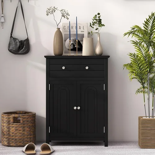Miniatura 9 de GOFLAME Gabinete de almacenamiento de madera para baño, moderno armario organizador de baño con estante ajustable de 3 alturas, cajón y estante de 2