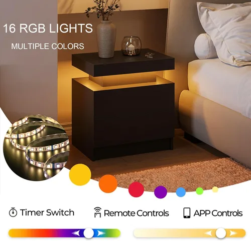 Miniatura 5 de Mesita de noche LED negra moderna con 2 cajones para mesa auxiliar de dormitorio