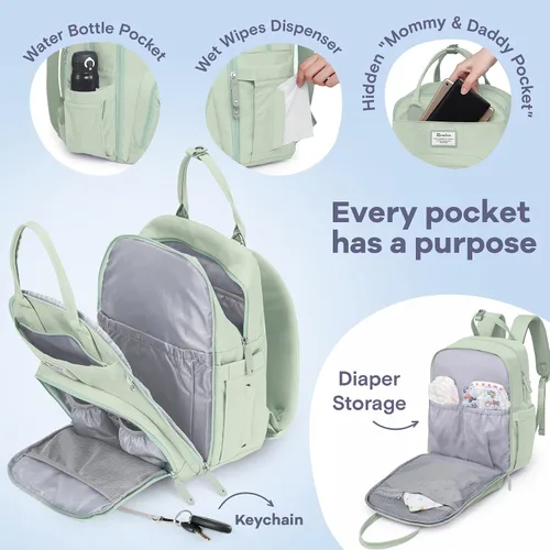 Miniatura 3 de RUVALINO Mochila para pañales - Bolsa de viaje multifunción para bebé con cambiador, soportes aislados para botellas y funda para chupete, gran