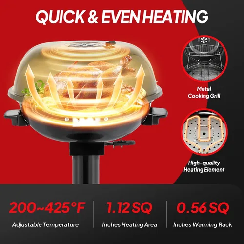 Miniatura 2 de ROVSUN - Parrilla eléctrica vertical de 1600W con tapa, parrilla de acero inoxidable 304 negro con bandeja de goteo extraíble, diseño de doble capa