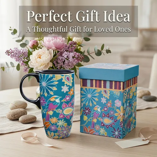 Miniatura 4 de Topadorn Taza de cerámica para café, taza de té de porcelana con tapa, 17 oz, sinfonía floral, pájaro verde