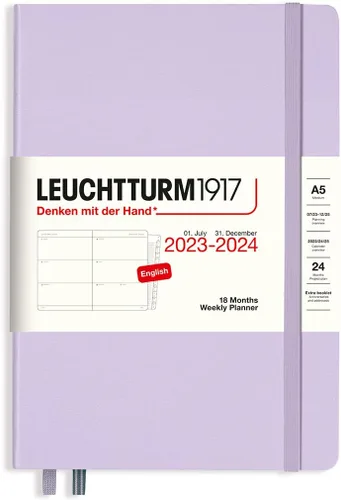 LEUCHTTURM1917 - Agenda semanal de 18 meses de tapa dura mediana A5, julio de 2023 - diciembre de 2024, inglés, tapa dura, lila