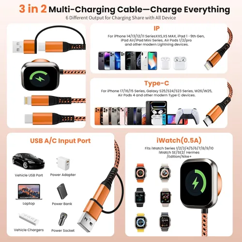 Miniatura 3 de Cargador de viaje para iWatch, cable de carga múltiple 3 en 2 con cargador IP/USB C/iWatch, cargadores de viaje para múltiples dispositivos, Naranja