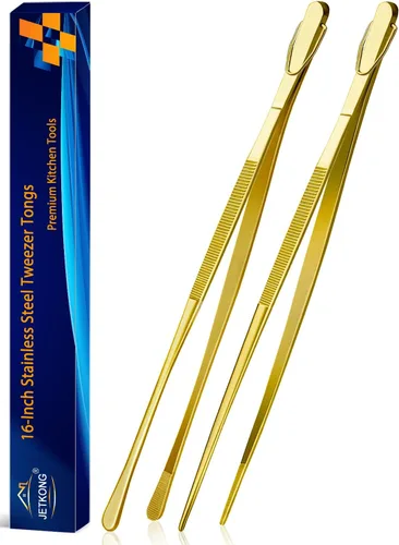 Jetkong 2 pinzas de cocina de 40.6 cm, extra grandes, de acero inoxidable, para alimentos, pinzas de cocina gigantes (color dorado)