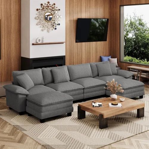 Miniatura 21 de MIXPATIO Sofá modular en forma de L de 123 pulgadas con cojines de nube, juego de sofá modular de asiento profundo con 4 asientos y 1 otomana, Gris