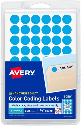 Avery - Etiquetas para codificar por color autoadhesivas y removibles, 1/2 pulgada de diámetro, paquete de 840 unidades, Azul claro