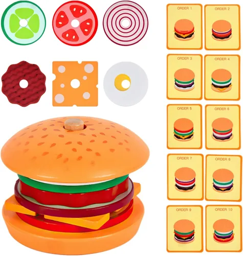 Juguetes de hamburguesas de madera para apilar para niños, alimentos de juego Montessori para niños pequeños, juguetes educativos para niños de más