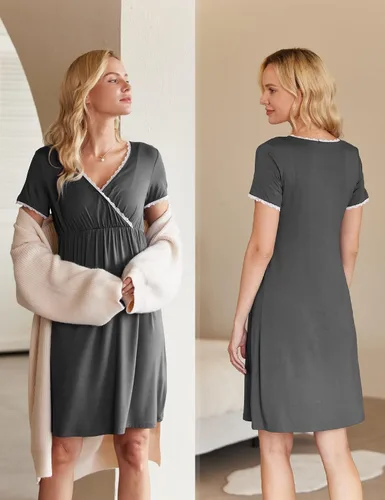 Miniatura 3 de Ekouaer - Camisón de dormir de manga corta 3 en 1 para mujer, plisado, para lactancia, parto y maternidad, tallas S-XXL