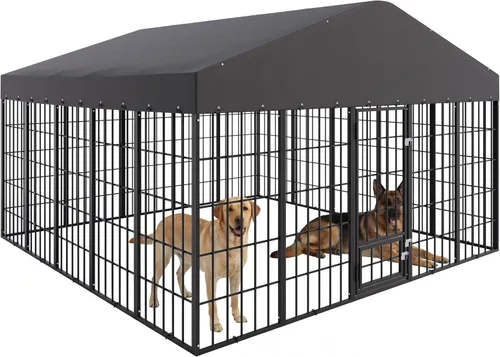 Perrera grande de 10 x 10 x 6 pies para exteriores, resistente con techo impermeable, jaula de acero galvanizado antioxidante con puerta de