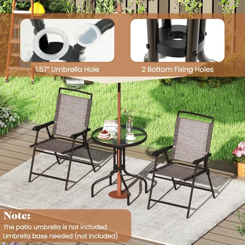 Miniatura 6 de Tangkula Juego de 3 piezas de bistró para exteriores, mesa redonda de bistró para patio y sillas plegables con agujero para sombrilla de 1.57