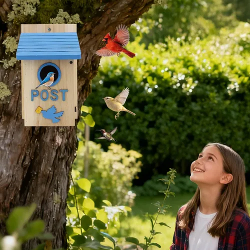 Miniatura 5 de Casas de madera para pájaros para exteriores, buzón de madera azul, casa de pájaros para exteriores, agujero de entrada para pájaros para jardín