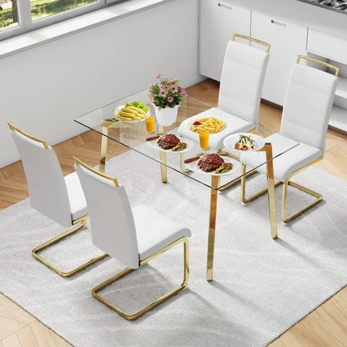 Miniatura 23 de Juego de mesa de comedor de cristal para 4, mesa rectangular con 4 sillas de cocina de cuero gris, juego de comedor de cocina de 51 pulgadas, mesa 4