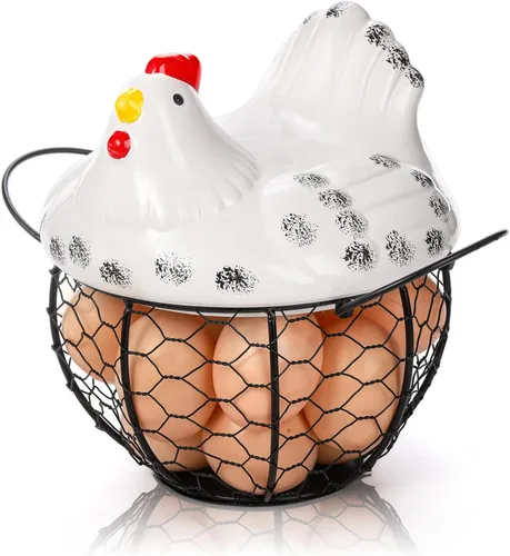 AVLA Canasta de huevos de pollo, canastas de recolección de huevos de alambre negro con tapa de cerámica para recolectar huevos frescos, soporte