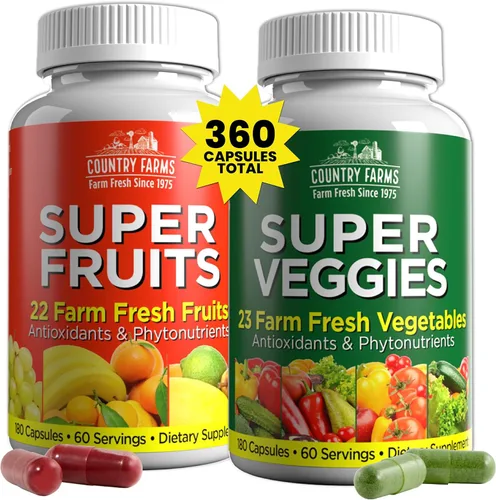Country Farms Suplemento de frutas y verduras, 180 cápsulas de frutas y 180 verduras, verduras y rojos llenos de superalimentos, potentes