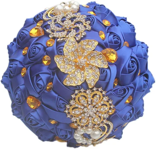 Ramo de novia de 8 pulgadas con rosas de satén de 8 pulgadas con broches de cristal dorado hecho a medida, arreglo de centro de mesa, ramo azul real