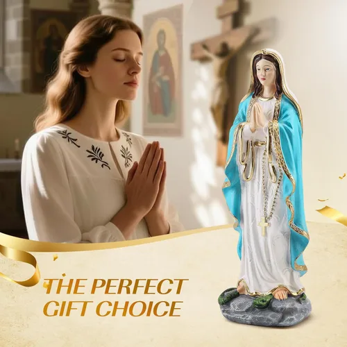 Miniatura 2 de Estatua de la Virgen María rezando con rosario – Estatua católica de resina de Nuestra Señora de Lourdes, figura de la Virgen María para sala