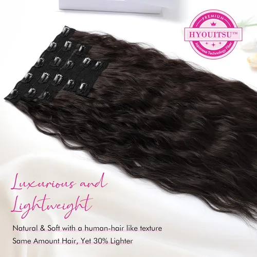 Miniatura 2 de REECHO Extensiones de cabello con pinza, 5 piezas, extensiones de cabello 24" de color negro marrón, gruesas, ondas largas y sueltas, HE002