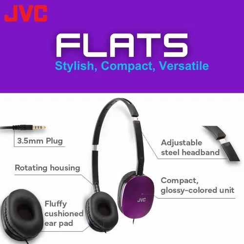 Miniatura 2 de JVC Auriculares planos con cable – Diseño plegable plano – Controlador de 1.181 in para un sonido potente – Almohadillas suaves para mayor comodidad