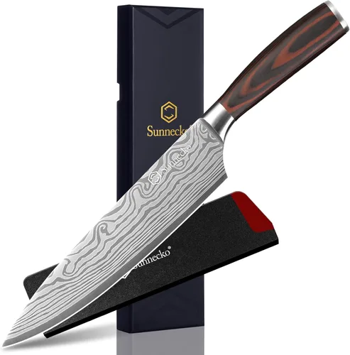 Sunnecko Cuchillo de chef de 8 pulgadas – Cuchillo de cocina ultra afilado de 12 a 15 grados para cortar carne y verduras, estilo japonés, hoja de