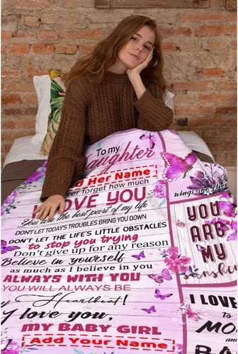 Miniatura 2 de Manta personalizada para mi hija de mamá y papá 40x50 pulgadas, manta ligera de franela, regalo con nombre personalizado, manta súper suave y cómoda