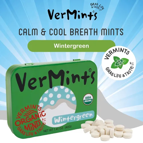 Miniatura 4 de VerMints Organic Breath Mints sabor a gaulta, todo natural, sin OMG, sin nueces, sin gluten, vegano, KSA Kosher, paquete de 6, latas de 1.41 onzas