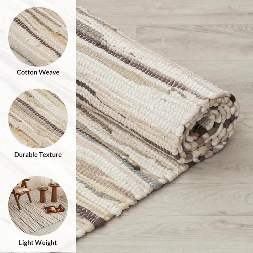 Miniatura 3 de HOMEMONDE Alfombra Chindi beige de 20 x 32 pulgadas, alfombra de trapo de algodón suave reciclado, hecha a mano, reversible, decoración bohemia
