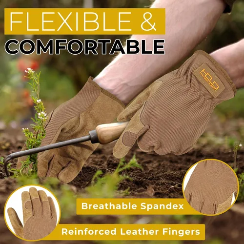 Miniatura 3 de HANDLANDY Guantes de jardinería de cuero para hombre, guantes de trabajo utilitarios para mecánicos, construcción, conductor Caqui (1 par)