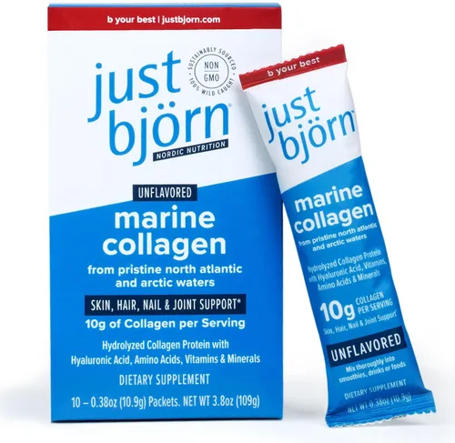 Miniatura 2 de Just Bjorn Marine - Péptidos de colágeno en polvo On-The-Go Stick Packs (paquete de 10) + 45 bolsas para servir (17.3 onzas) – Soporte para piel