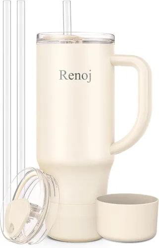 Renoj FlexSlide White - Taza aislada 100% resistente a derrames, para café helado y bebidas calientes, se adapta al portavasos del automóvil, regalo