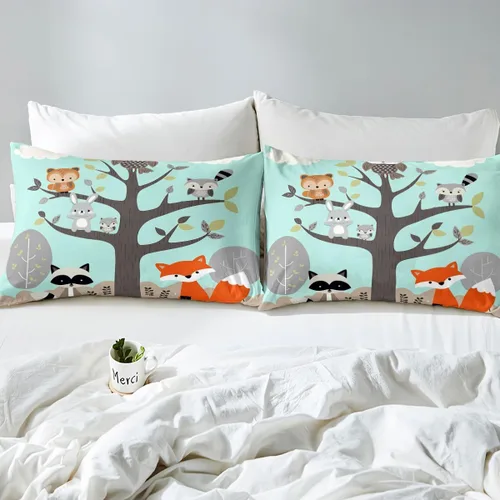 Miniatura 7 de Juego de ropa de cama de animales lindos para niños y niñas, guardería, caricaturas, mapache, búho, zorro, funda de edredón con bonitos animales