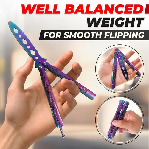 Miniatura 6 de Rainbow - Cuchillo de mariposa de práctica de 8.2 pulgadas con hoja embotada, cuchillo de mariposa de entrenamiento de metal con asas fuertes