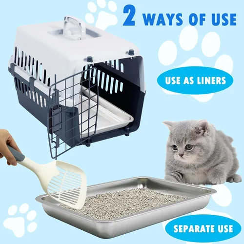Miniatura 4 de BNOSDM 4 bandejas de arena de acero inoxidable para gatos de entrada baja, bandeja de arena de metal poco profunda, caja antiadherente para gatos