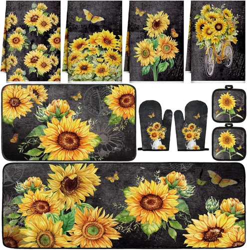 Miniatura 30 de Fourluoo Juego de 10 piezas de decoración y accesorios de cocina de girasol, diseño de búfalo blanco y negro, juego de manoplas de horno y soportes