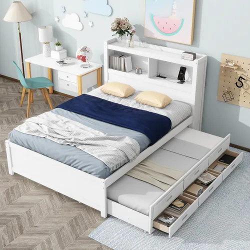 Miniatura 10 de RUNNA Elegante cama de plataforma de tamaño Queen con estantes extraíbles, cama de almacenamiento de madera con nido de tamaño individual