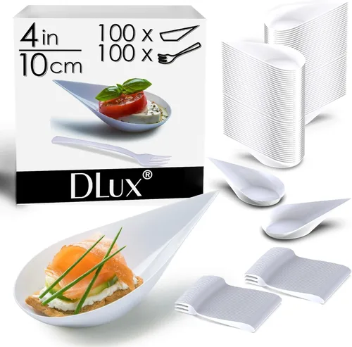 Miniatura 2 de DLux 100 mini platos de aperitivo de 4 pulgadas con tenedores, cucharas de plástico blanco reutilizables, platos para servir postres y aperitivos