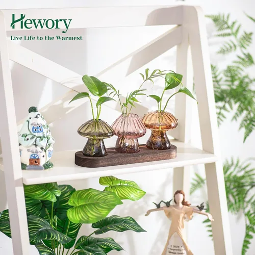 Miniatura 3 de Hewory Estaciones de propagación de vidrio para plantas: jarrones de hongos ámbar con soporte de madera para decoración del hogar - Jarrones