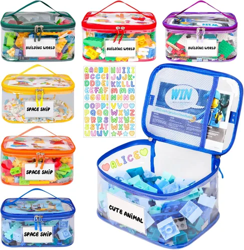 Miniatura 10 de Tesuko Paquete de 6 bolsas transparentes de almacenamiento de juguetes con etiqueta de nombre y bolsillo manual, funda organizadora de juguetes