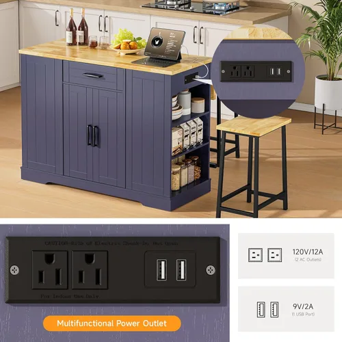 Miniatura 7 de ONBRILL Islas de Cocina Estacionarias Incluyen 2 Sillas, Isla de Cocina de 47" con Hoja Abatible, Mesa de Bar para el Hogar con Estante de Especias